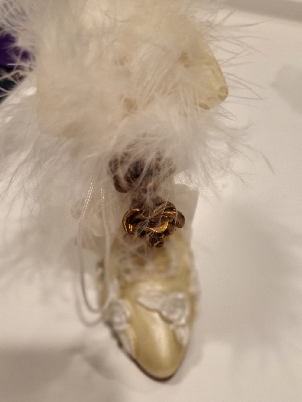 Ivory Feathered Decorative Shoe Ornament with Gold Accent 3 X 2.5 Inches